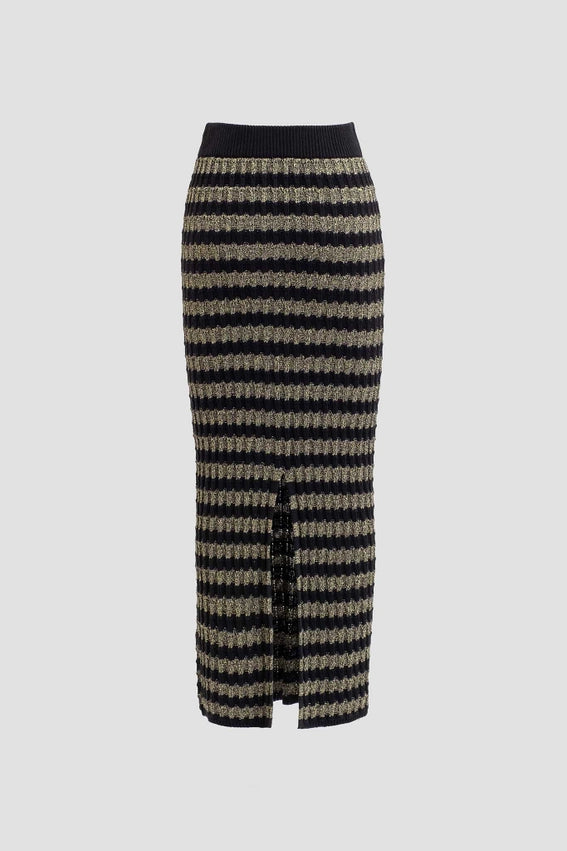 Stripe Sweater Knit Midi Skirt-Skirts-Moon River-XS-BLACK-Urbanheer