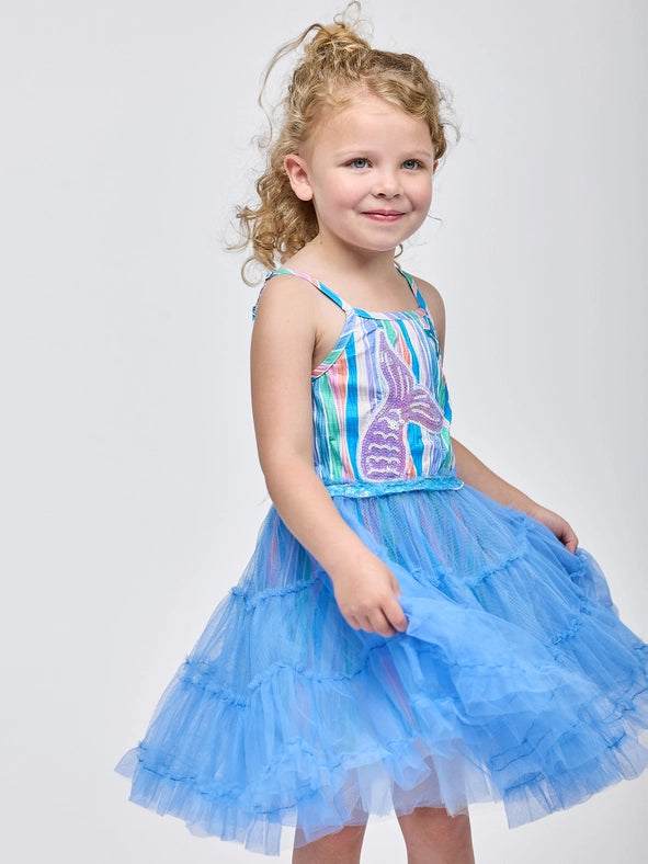 Stripe Tutu Dress w/ Mermaid Tail Trim Detail-Dress-Hannah Banana-2T-BLUE MULTI-Urbanheer