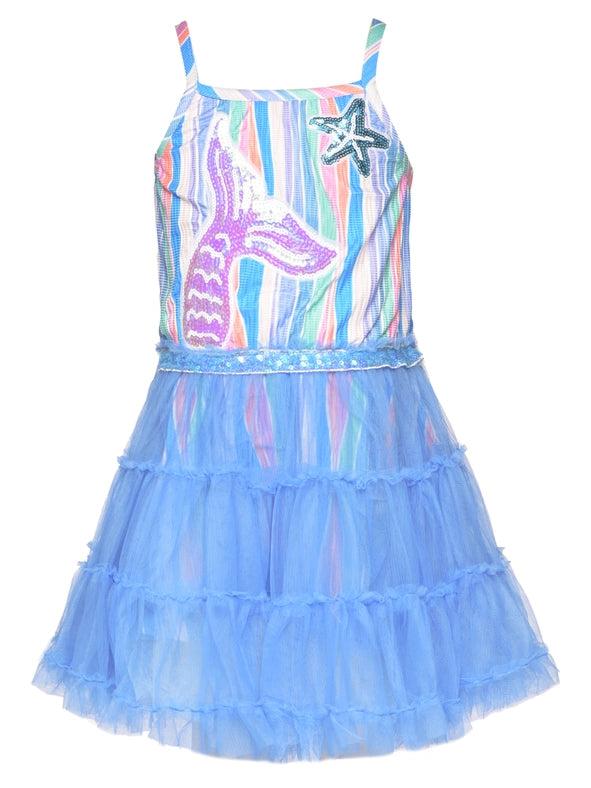 Stripe Tutu Dress w/ Mermaid Tail Trim Detail-Dress-Hannah Banana-2T-BLUE MULTI-Urbanheer