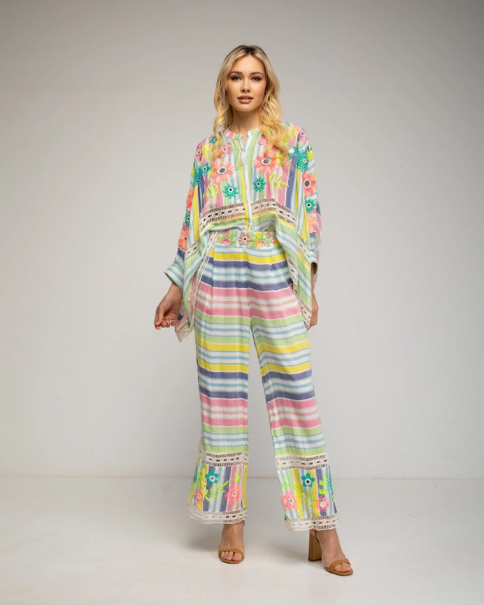 Striped Blouse and Pants Set-Set-Tantra-YOUR-Ecru-Urbanheer