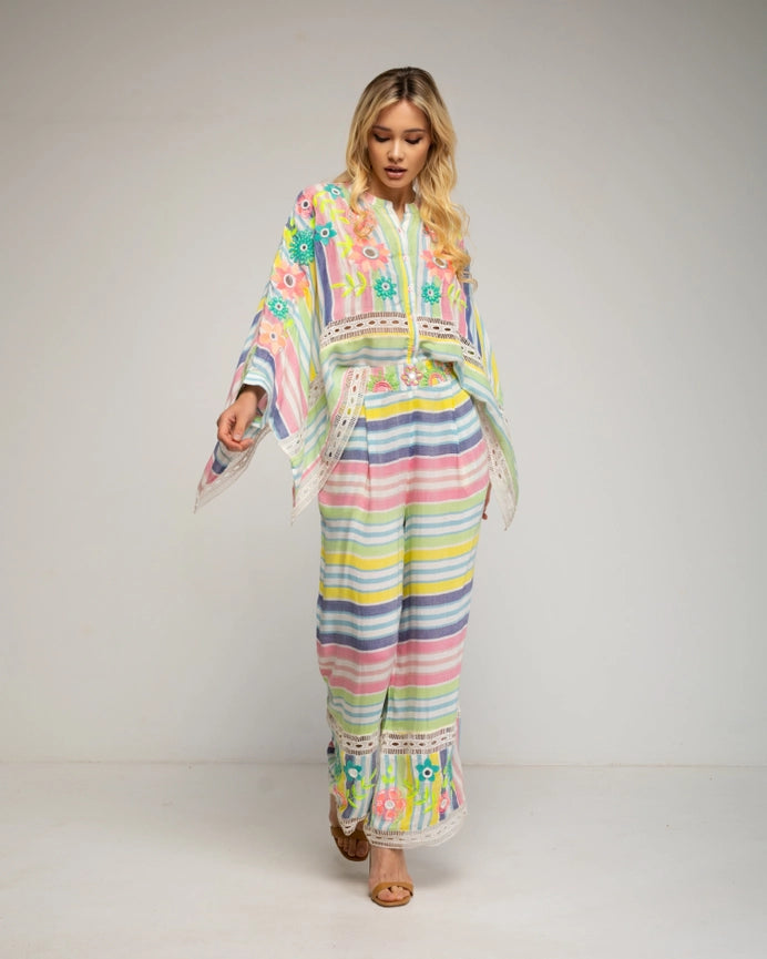 Striped Blouse and Pants Set-Set-Tantra-YOUR-Ecru-Urbanheer