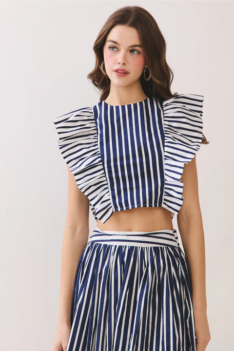 Striped Bold Flutter Ruffle Sleeves Cropped Top
