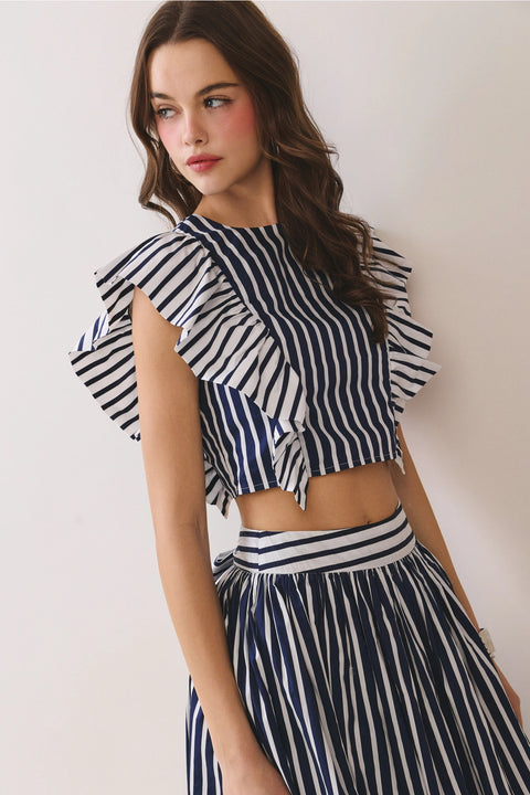 Striped Bold Flutter Ruffle Sleeves Cropped Top