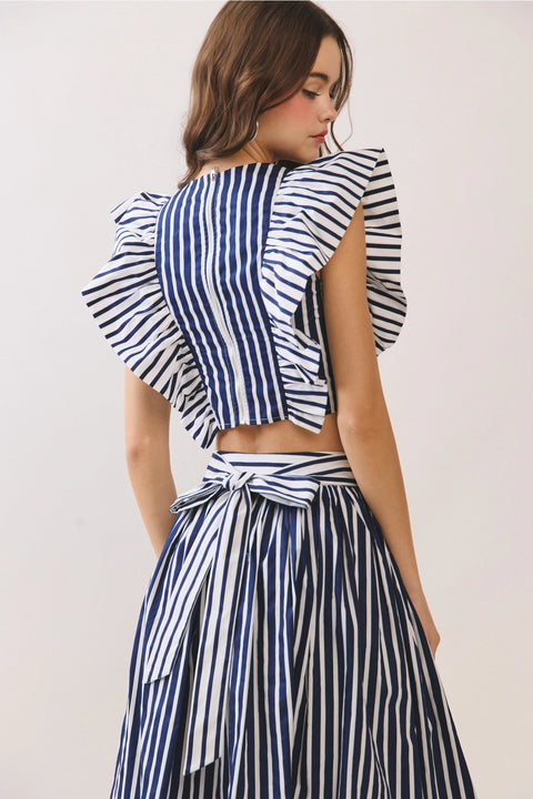 Striped Bold Flutter Ruffle Sleeves Cropped Top