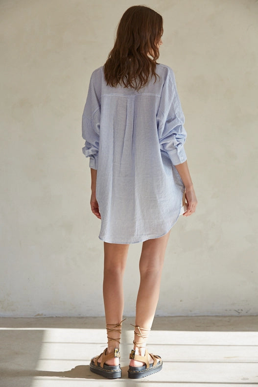 Striped Button Down Long Sleeve Shirt Top-TOP-By Together-S-Blue White-Urbanheer