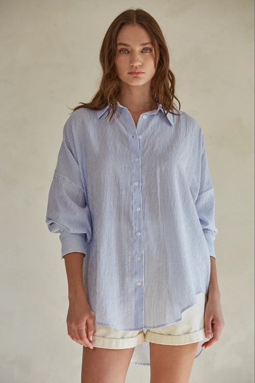 Striped Button Down Long Sleeve Shirt Top-TOP-By Together-S-Blue White-Urbanheer