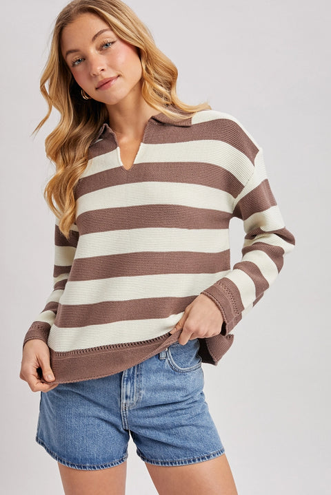 Striped Collar Boxy Knit Pullover
