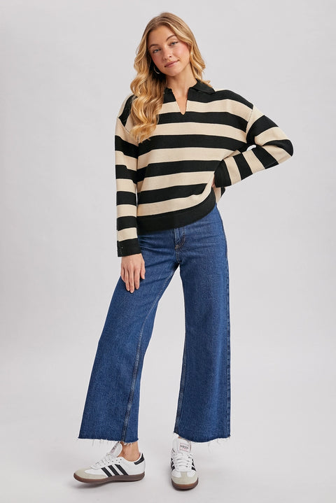 Striped Collar Boxy Knit Pullover