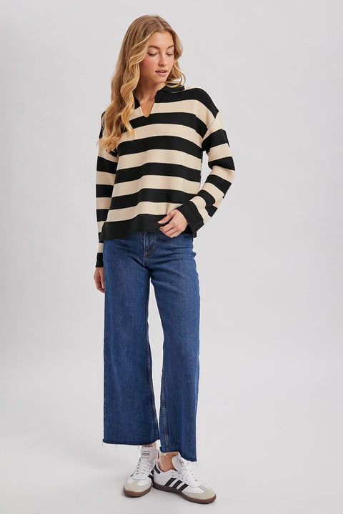 Striped Collar Boxy Knit Pullover