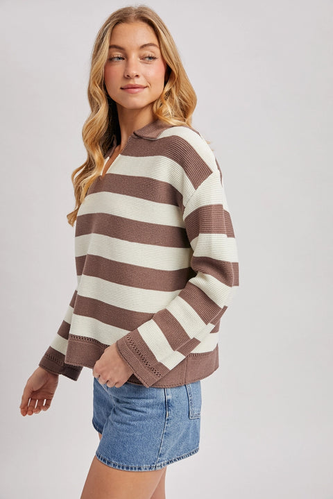 Striped Collar Boxy Knit Pullover