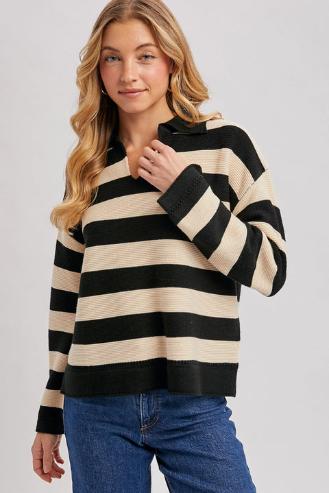 Striped Collar Boxy Knit Pullover