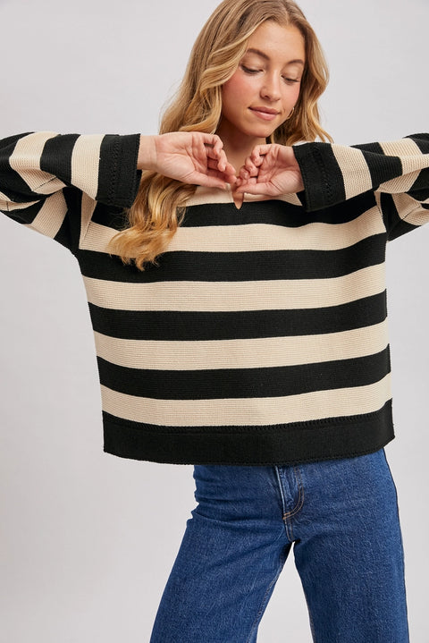 Striped Collar Boxy Knit Pullover
