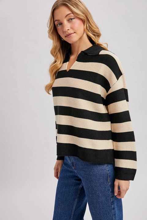 Striped Collar Boxy Knit Pullover