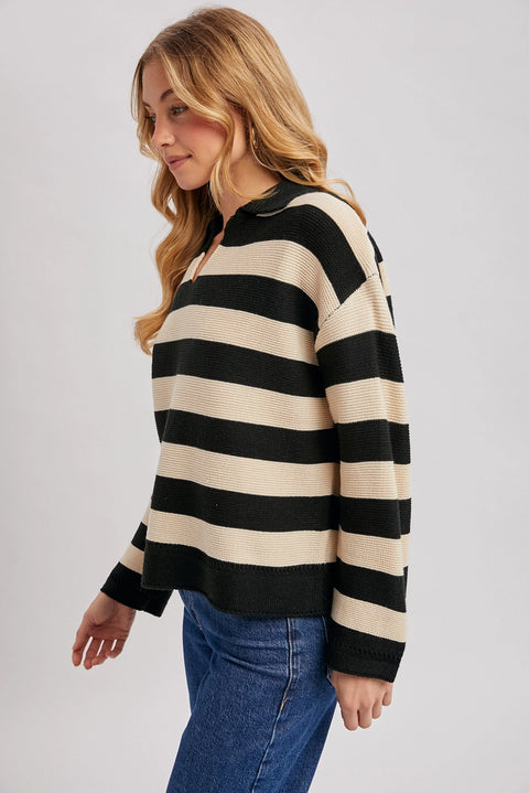 Striped Collar Boxy Knit Pullover