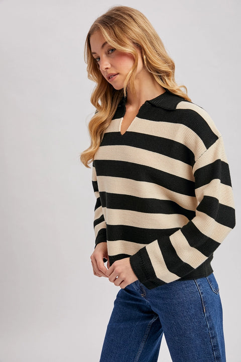 Striped Collar Boxy Knit Pullover
