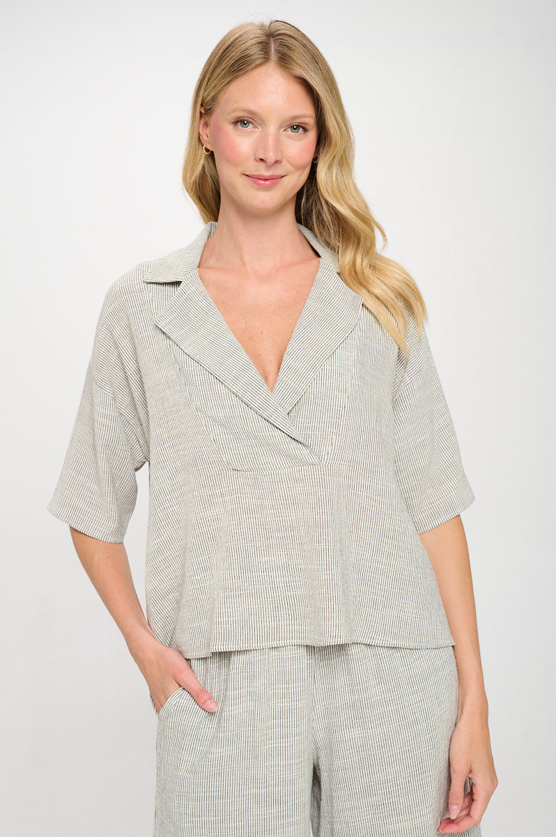 Striped Cotton Relaxed Oversize Fit V neck Top with Colla-New Arrival-Reneecollection-Small-WHITE/BLACK-Urbanheer