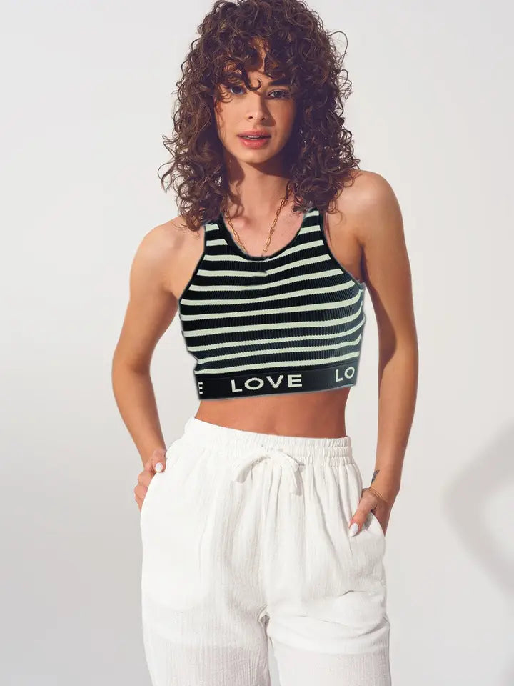 Striped Cropped Top with Love Text in Black and Beige-Top-Q2-One Size-Black-Urbanheer
