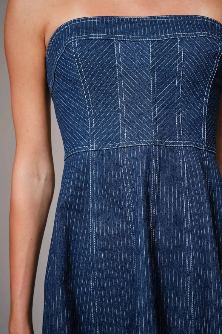 Striped Denim Tube Fit and Flare Mini Dress