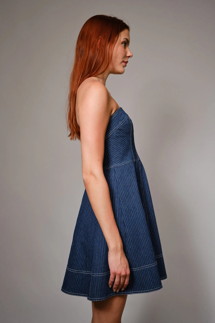 Striped Denim Tube Fit and Flare Mini Dress from Blue B exclusive at Urbanheer Striped Denim Tube Fit and Flare Mini Dress from Blue B exclusive at Urbanheer