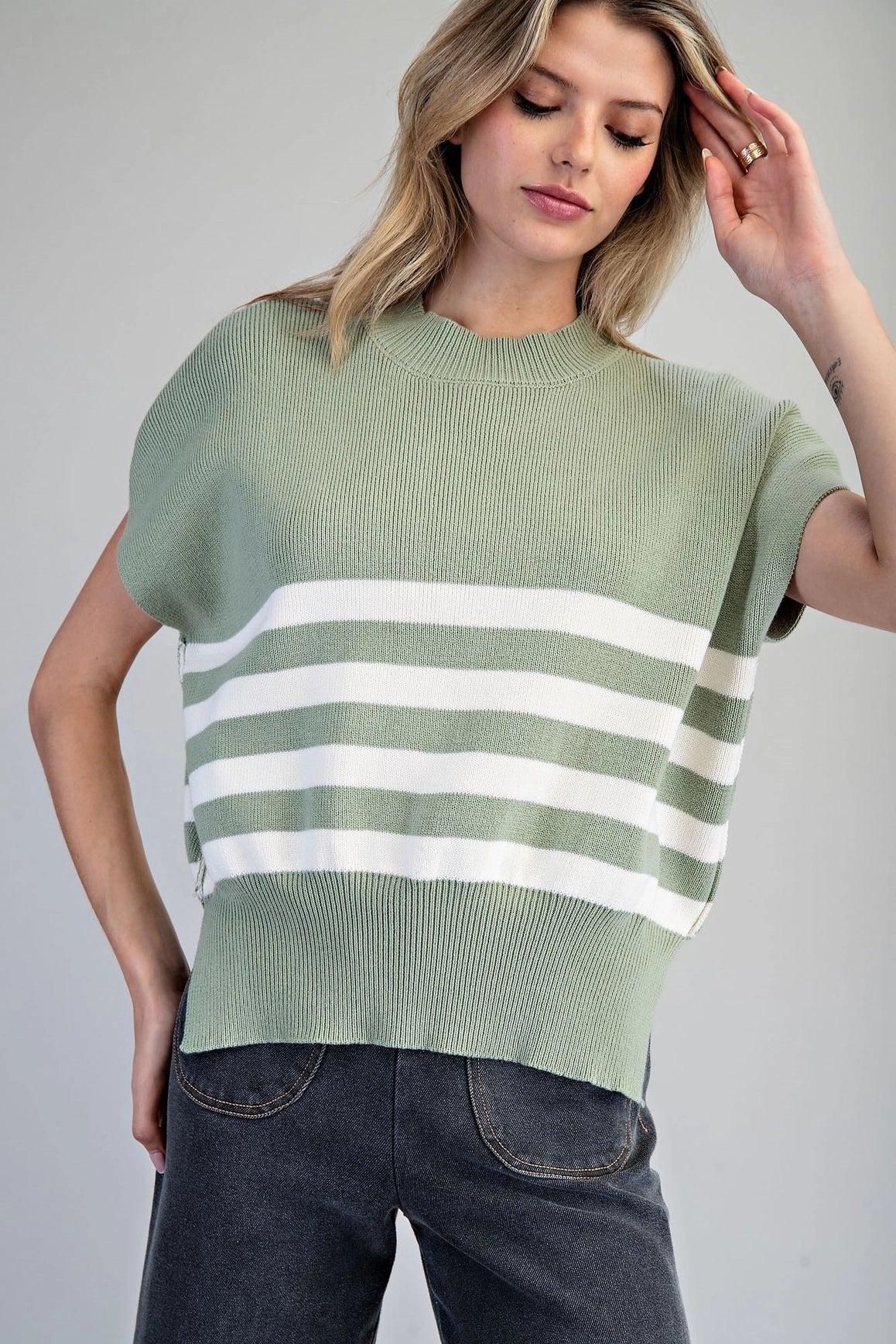 Striped Dropped Shoulder Sleeve Knit Top in Matcha