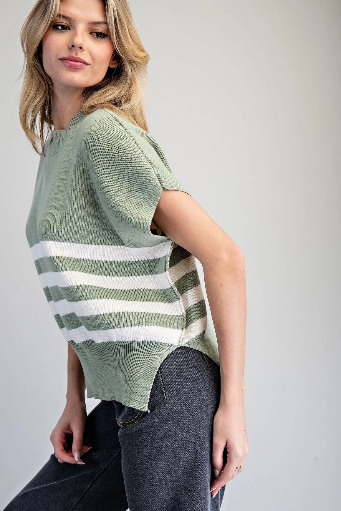 Striped Dropped Shoulder Sleeve Knit Top in Matcha