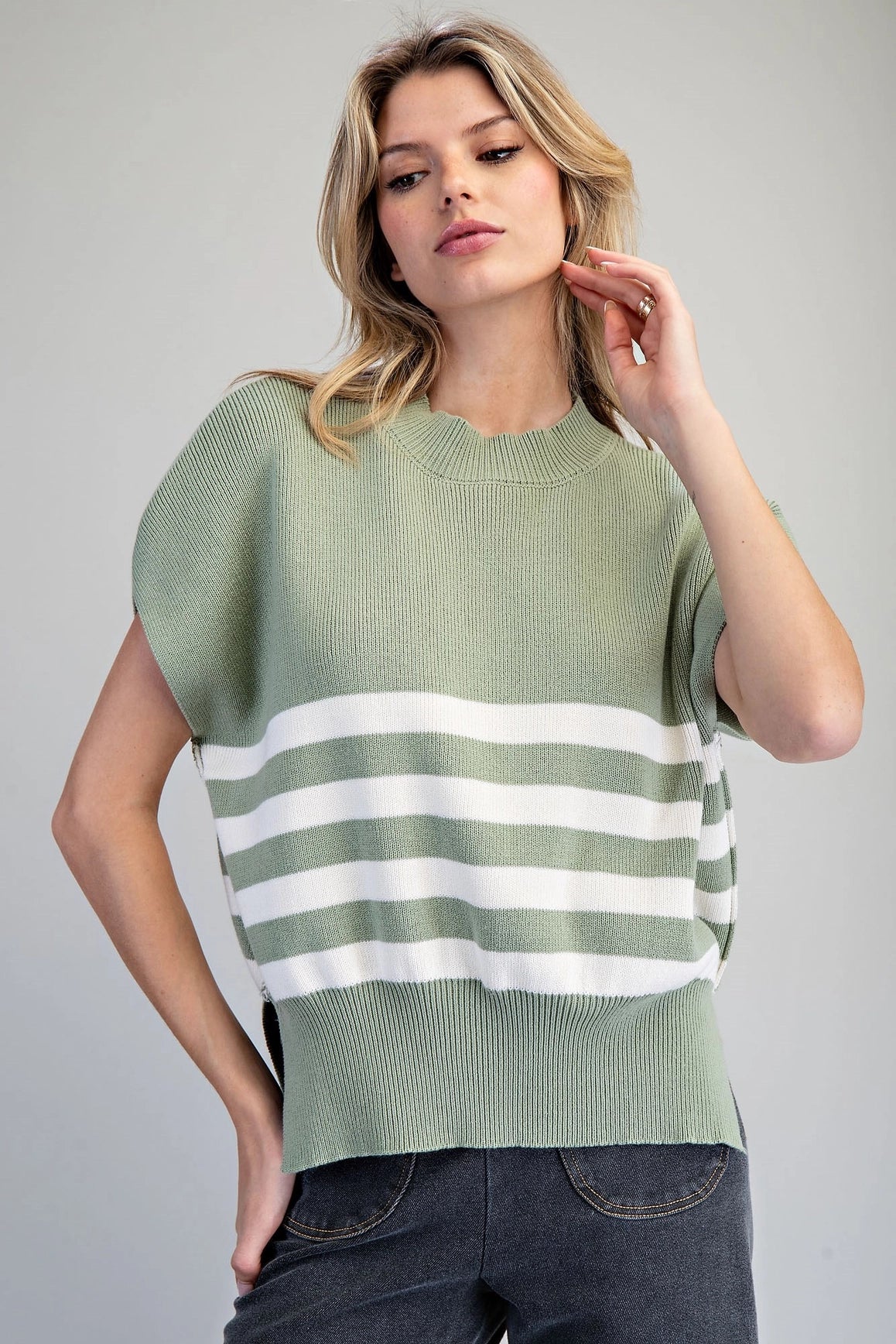 Striped Dropped Shoulder Sleeve Knit Top in Matcha