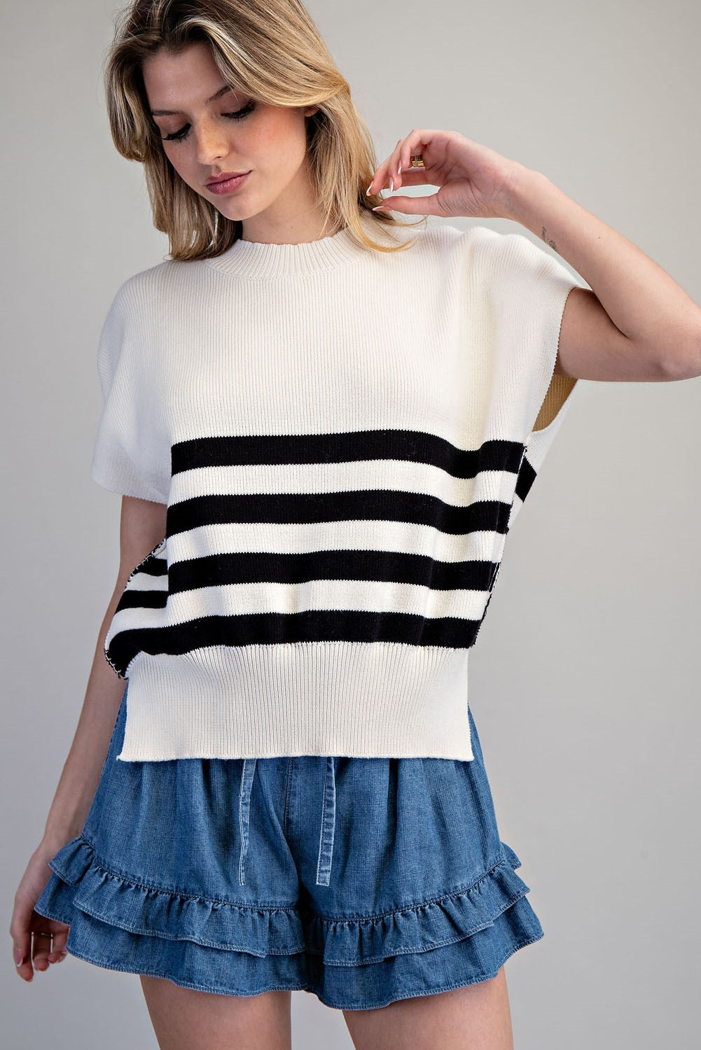 Striped Dropped Shoulder Sleeve Knit Top in White
