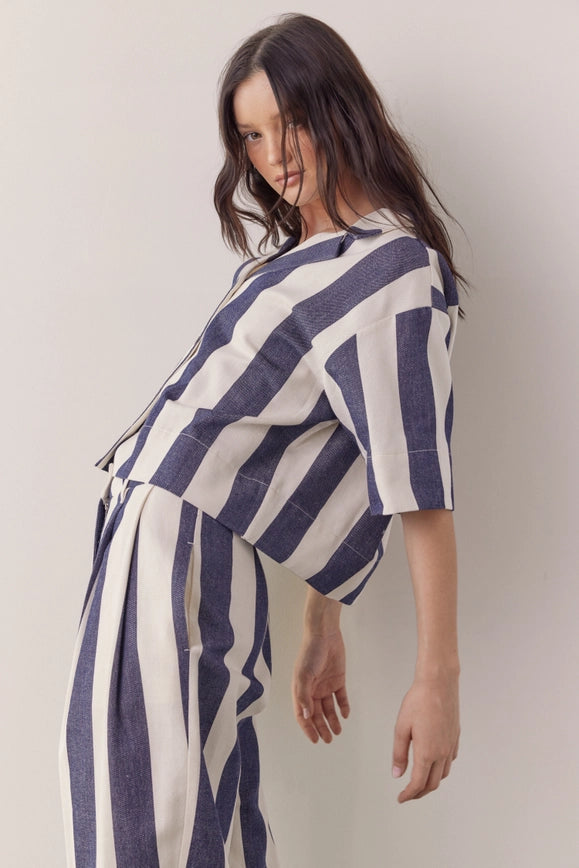 Striped Half Sleeve Cotton Shirts-SHIRTS-amente-XS/S-Natural/Denim-Urbanheer