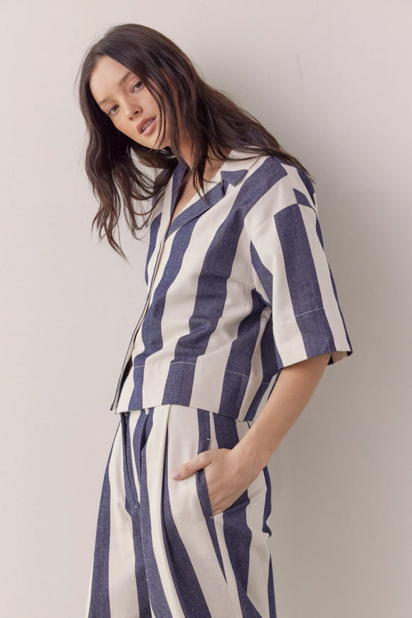 Striped Half Sleeve Cotton Shirts-SHIRTS-amente-XS/S-Natural/Denim-Urbanheer