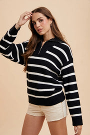 Striped Half Zip Knitted Pullover Black-Pullover-In Loom-S-Urbanheer