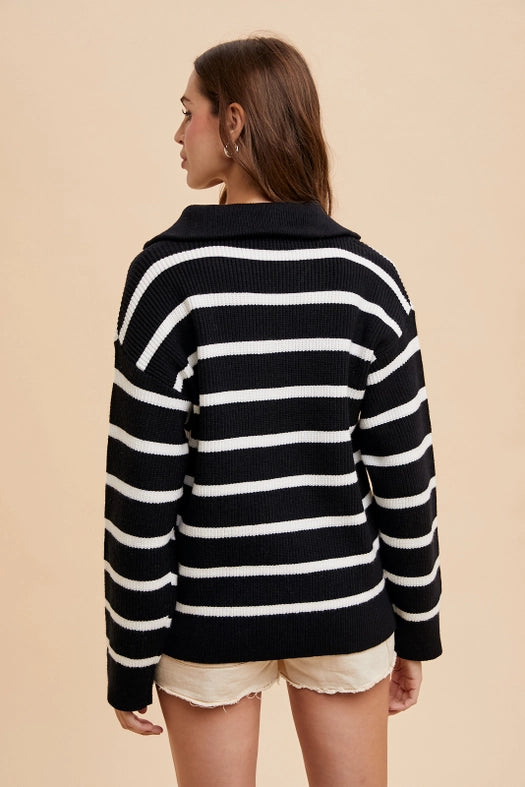Striped Half Zip Knitted Pullover Black-Pullover-In Loom-S-Urbanheer