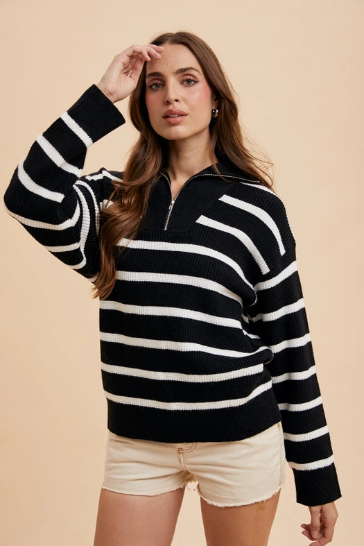 Striped Half Zip Knitted Pullover Black-Pullover-In Loom-S-Urbanheer
