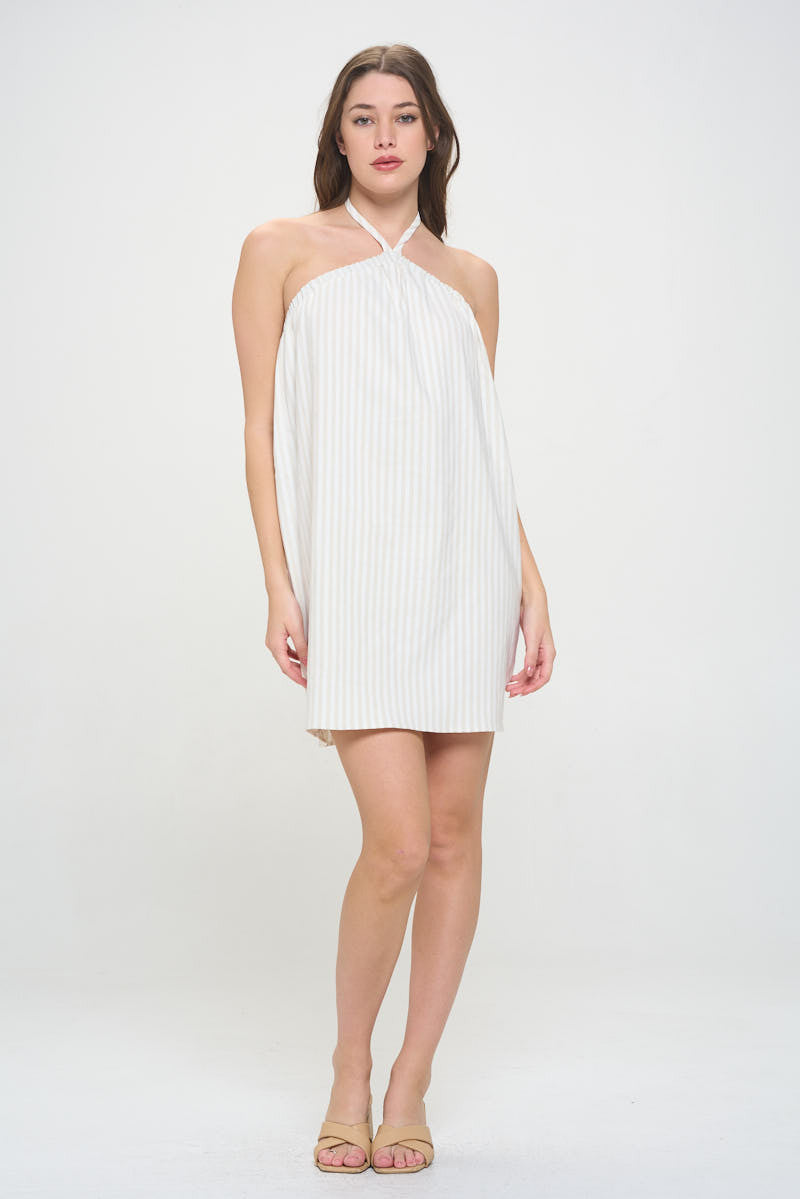 Striped Halter neck Sleeveless Dress with Open Back-Dresses-Reneecollection-Small-LINEN/IVORY-Urbanheer