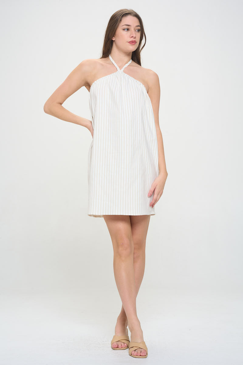 Striped Halter neck Sleeveless Dress with Open Back-Dresses-Reneecollection-Small-LINEN/IVORY-Urbanheer