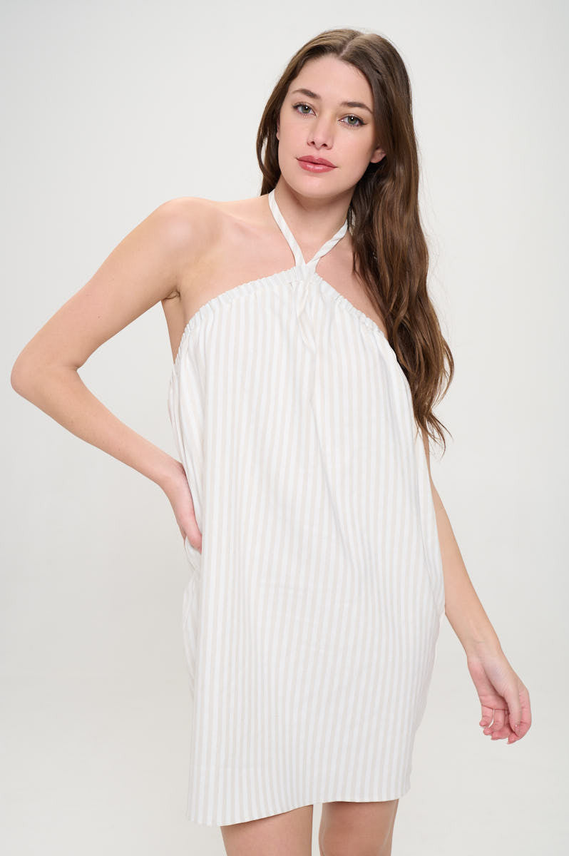 Striped Halter neck Sleeveless Dress with Open Back-Dresses-Reneecollection-Small-LINEN/IVORY-Urbanheer