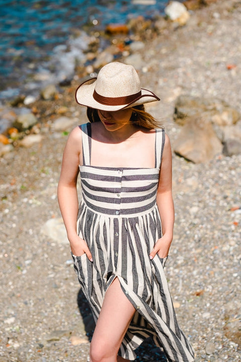 Striped Linen Button Down Midi Dress-Dress-Moa-Black Striped-Urbanheer