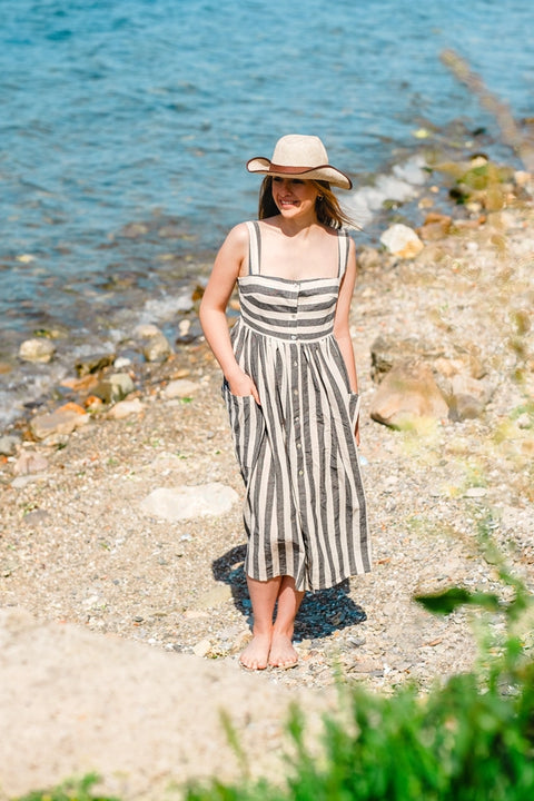 Striped Linen Button Down Midi Dress-Dress-Moa-Black Striped-Urbanheer