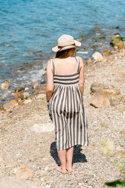 Striped Linen Button Down Midi Dress-Dress-Moa-Black Striped-Urbanheer