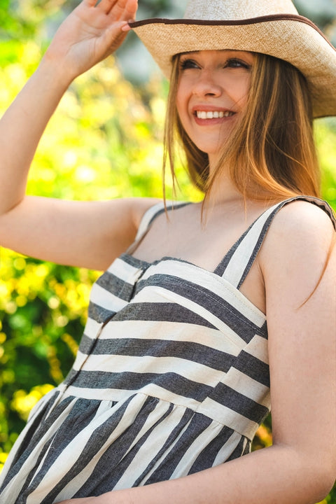 Striped Linen Button Down Midi Dress-Dress-Moa-Black Striped-Urbanheer