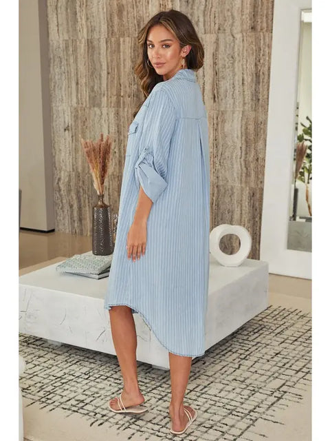 Striped Mid Length Button Down Dress-Dress-MILIO MILANO-S-Denim Blue-Urbanheer
