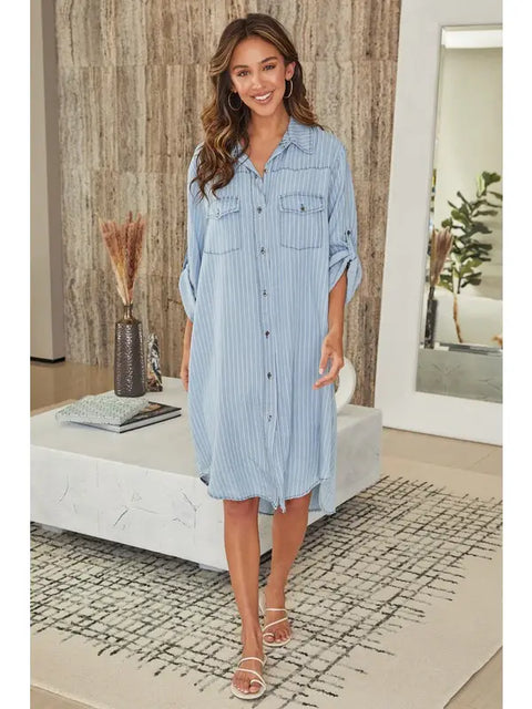 Striped Mid Length Button Down Dress-Dress-MILIO MILANO-S-Denim Blue-Urbanheer