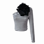 Striped One Sleeve Top with Black Flower Pin-Top-London Atelier Byproduct-S-Urbanheer