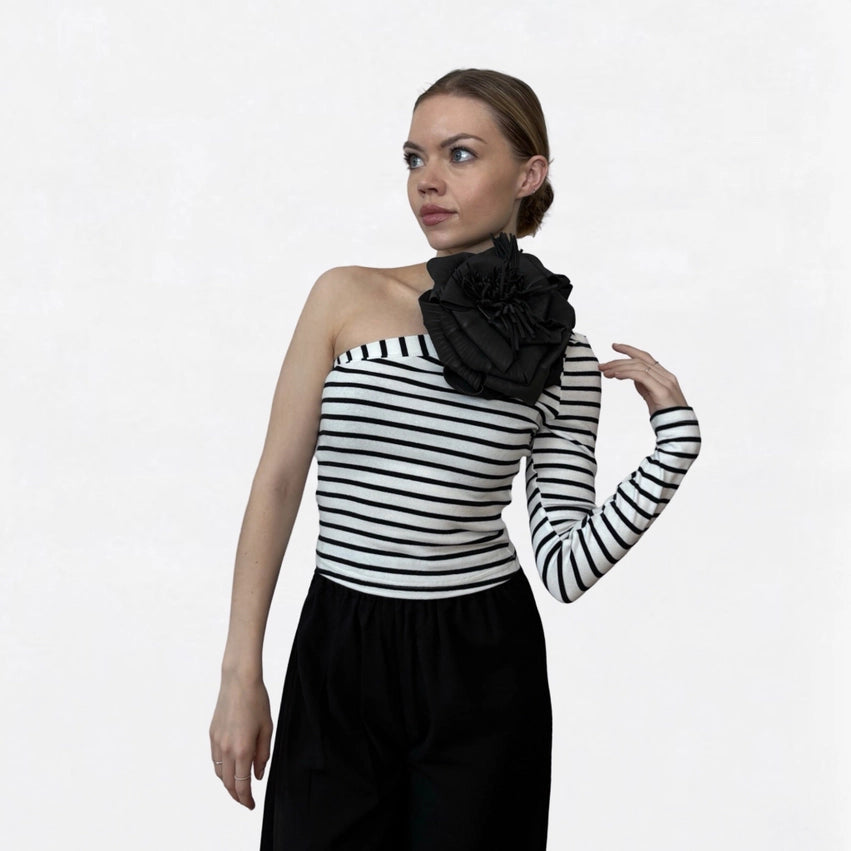 Striped One Sleeve Top with Black Flower Pin-Top-London Atelier Byproduct-S-Urbanheer