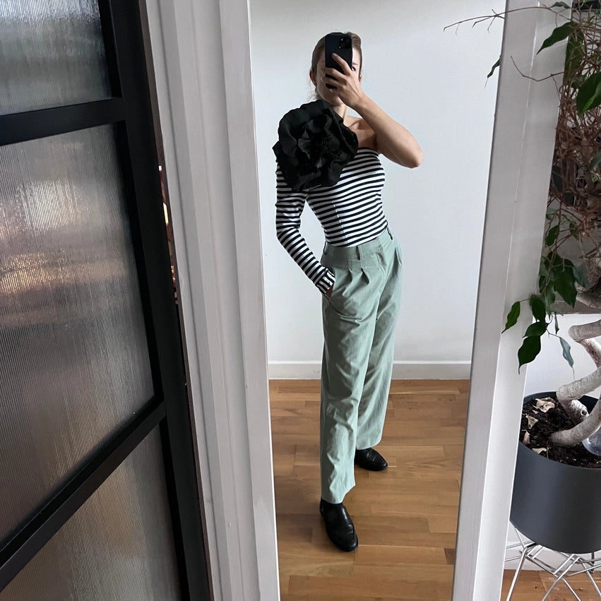 Striped One Sleeve Top with Black Flower Pin-Top-London Atelier Byproduct-S-Urbanheer