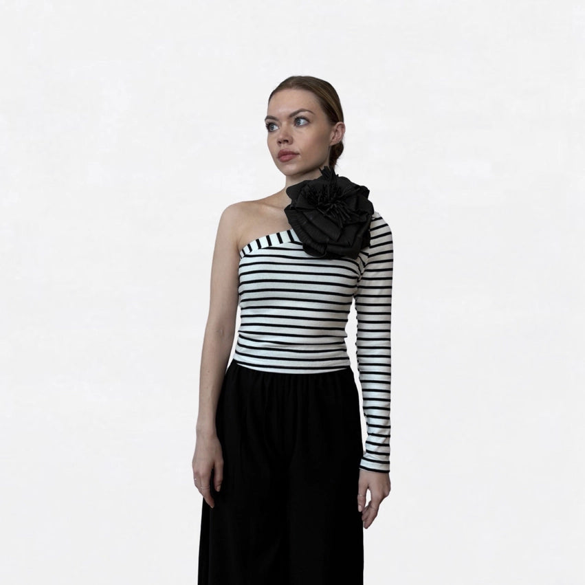 Striped One Sleeve Top with Black Flower Pin-Top-London Atelier Byproduct-S-Urbanheer