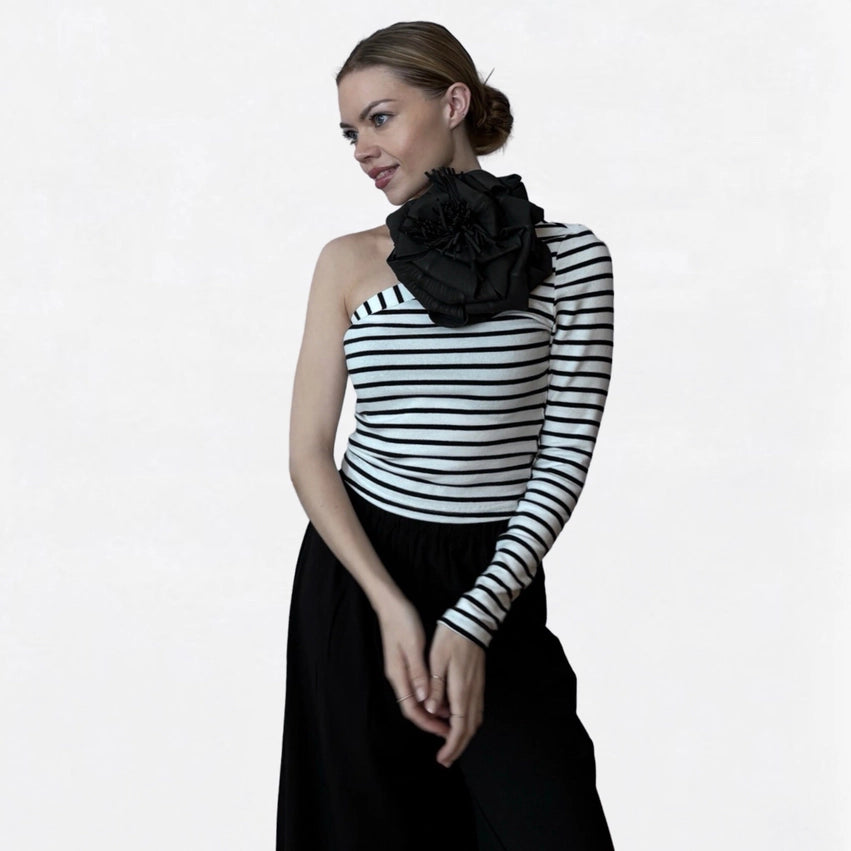 Striped One Sleeve Top with Black Flower Pin-Top-London Atelier Byproduct-S-Urbanheer