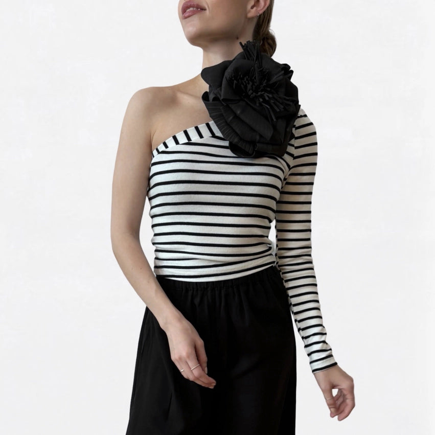 Striped One Sleeve Top with Black Flower Pin-Top-London Atelier Byproduct-S-Urbanheer
