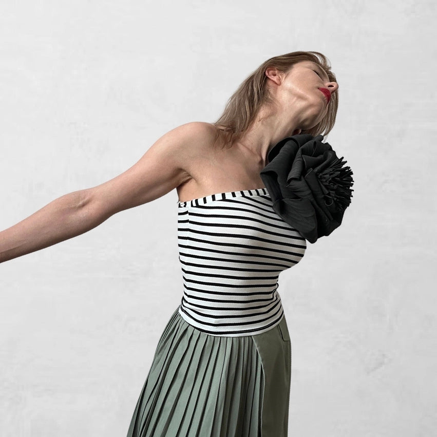 Striped One Sleeve Top with Black Flower Pin-Top-London Atelier Byproduct-S-Urbanheer