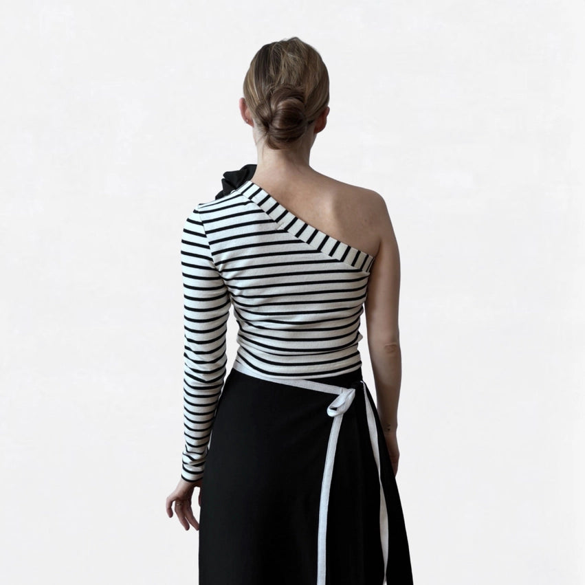 Striped One Sleeve Top with Black Flower Pin-Top-London Atelier Byproduct-S-Urbanheer
