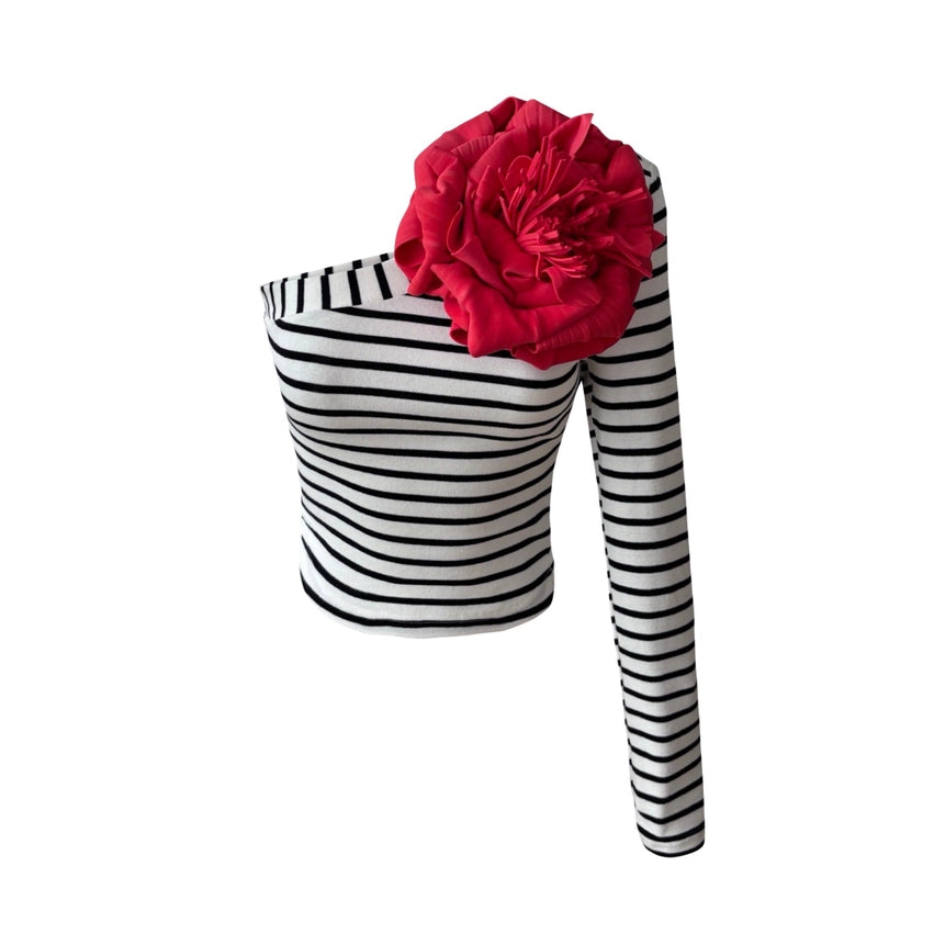 Striped One Sleeve Top with Red Flower Pin-Top-London Atelier Byproduct-S-Urbanheer